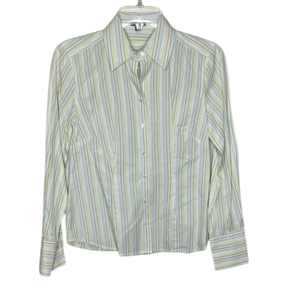 🆕 ANN TAYLOR Yellow and Gray Striped Button-Down Shirt Size 2